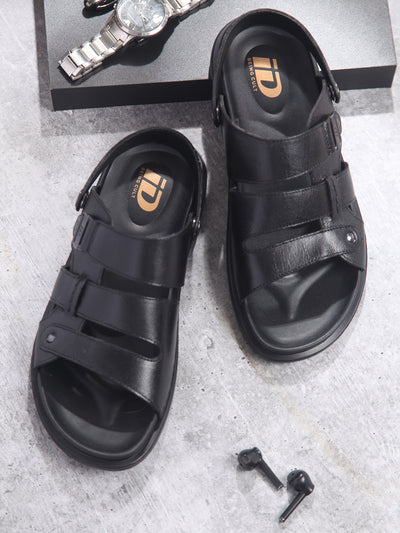 Men's Black Leather Comfort-fit Smart Casual Sandal (ID4213)-Sandal / Slipper - iD Shoes