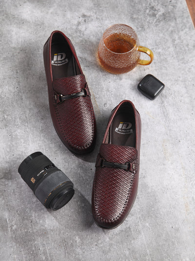Men's Wine Textured Round Toe Slip On (ID1160)-Loafers - iD Shoes