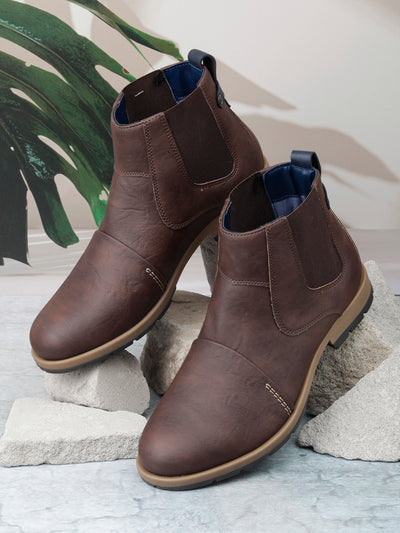 Men's Brown Round Toe Slip on Ankle Boot (IX1039)-Boots - iD Shoes