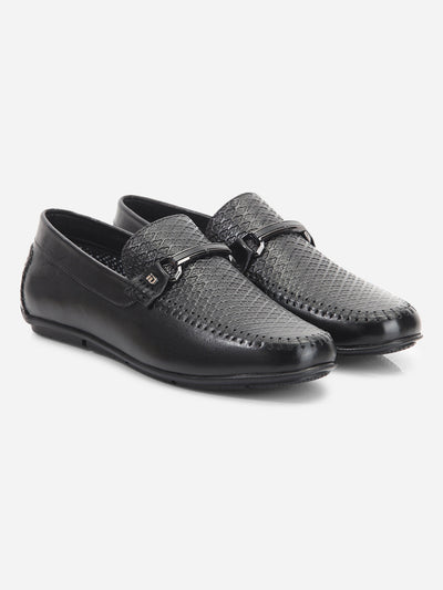 Men's Black Textured Round Toe Slip On (ID1160)-Loafers - iD Shoes