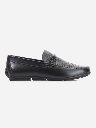 Men's Black Textured Round Toe Slip On (ID1160)-Loafers - iD Shoes