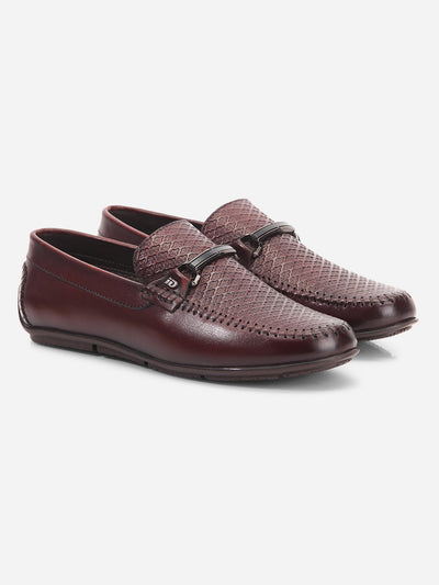 Men's Wine Textured Round Toe Slip On (ID1160)-Loafers - iD Shoes