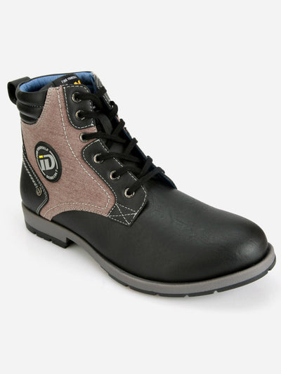 Men's Black Leather Brown Denim Boot (IX1038)-Boots - iD Shoes