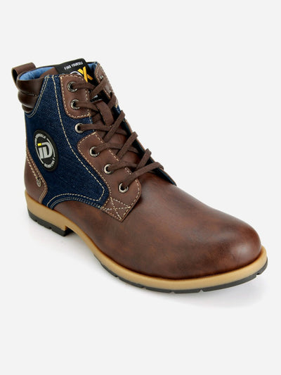 Men's Brown Leather Blue Denim Boot (IX1038)-Boots - iD Shoes