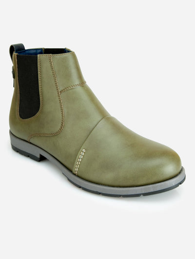 Men's Olive Round Toe Slip on Ankle Boot (IX1039)-Boots - iD Shoes